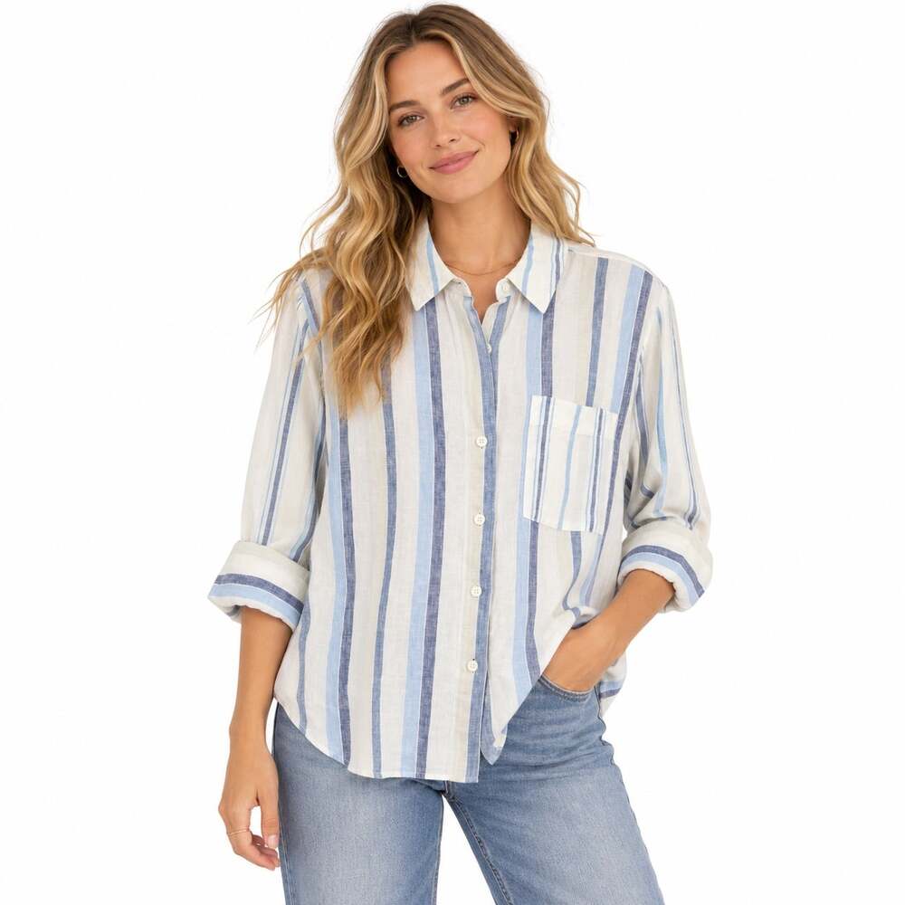 NWT Madewell Linen Easy Y-Neck Button-Up Shirt In Mixed Stripe Blue Size Small